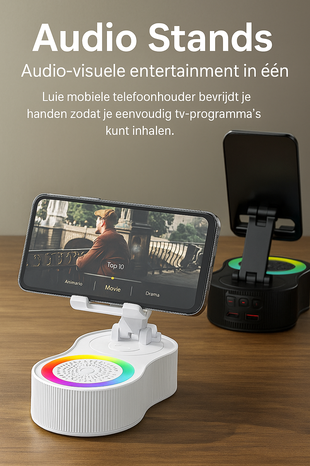4-in-1 Bluetooth speaker en telefoonhouder voor films en series.
