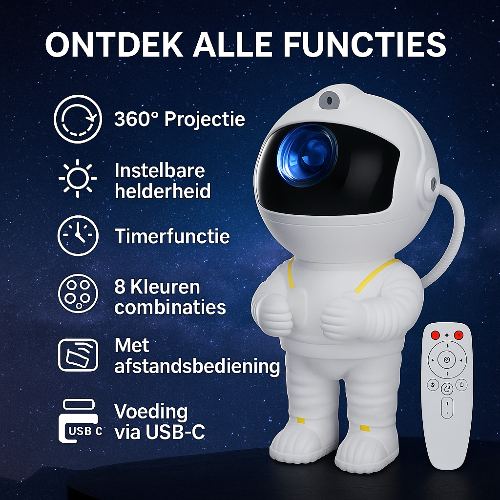 Astronaut projector met uitleg functies zoals 360° projectie, 8 kleuren en timer.