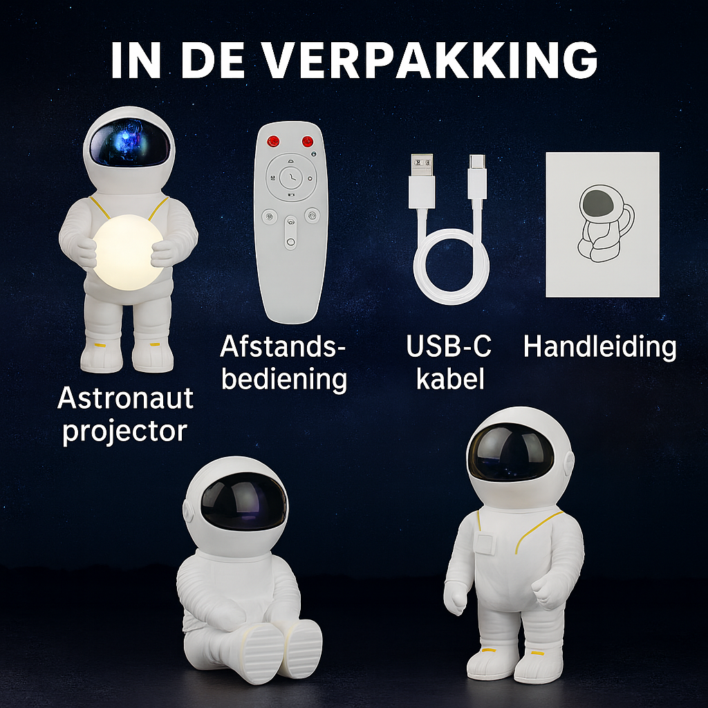 Verpakking van astronaut projector met afstandsbediening, USB-C kabel en handleiding.