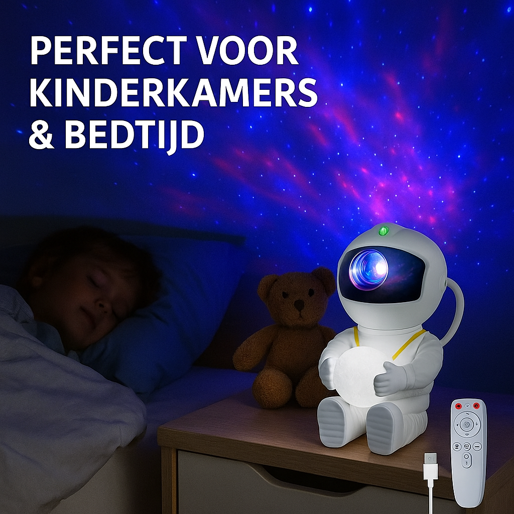 Astronaut projector naast slapend kind, perfect voor kinderkamers en bedtijd.