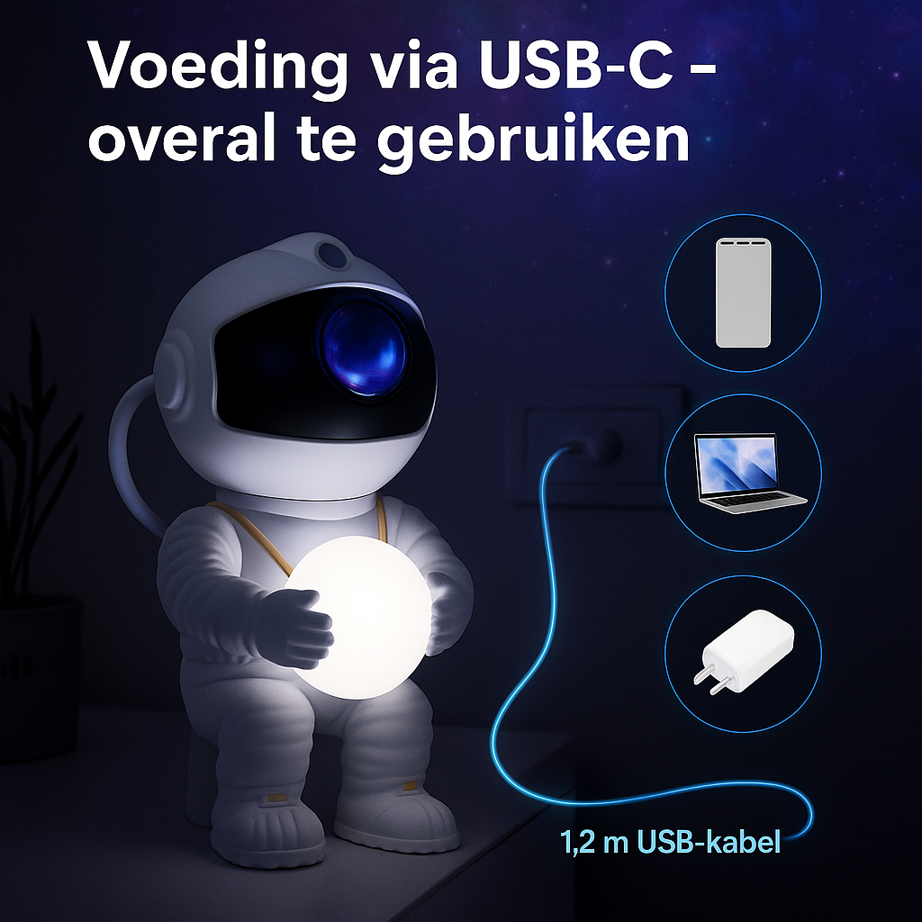 Astronaut projector met USB-C voeding, geschikt voor powerbank, laptop of adapter.