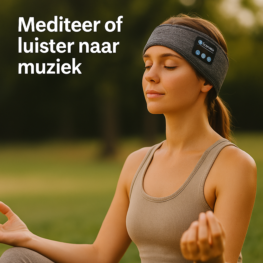 Vrouw gebruikt Bluetooth slaap-hoofdband tijdens meditatie en muziek luisteren.