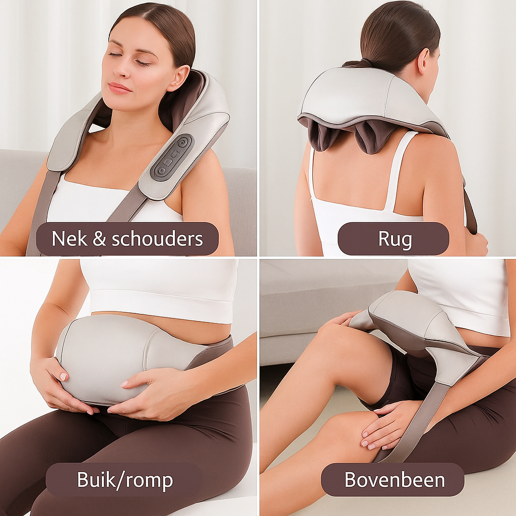 Shiatsu nek- en schouder massageapparaat toegepast op nek, rug, buik en bovenbeen