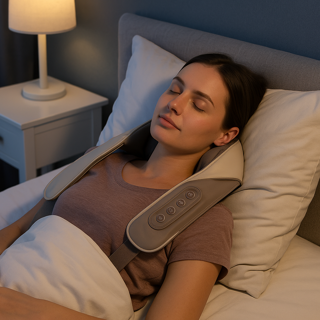 Vrouw ontspant in bed met shiatsu nek- en schouder massageapparaat