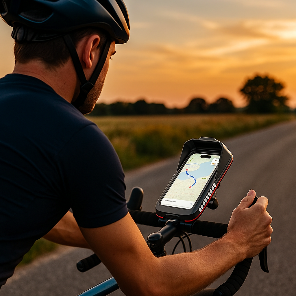 Fietser gebruikt de RideLock TouchPro telefoonhouder onderweg bij zonsondergang