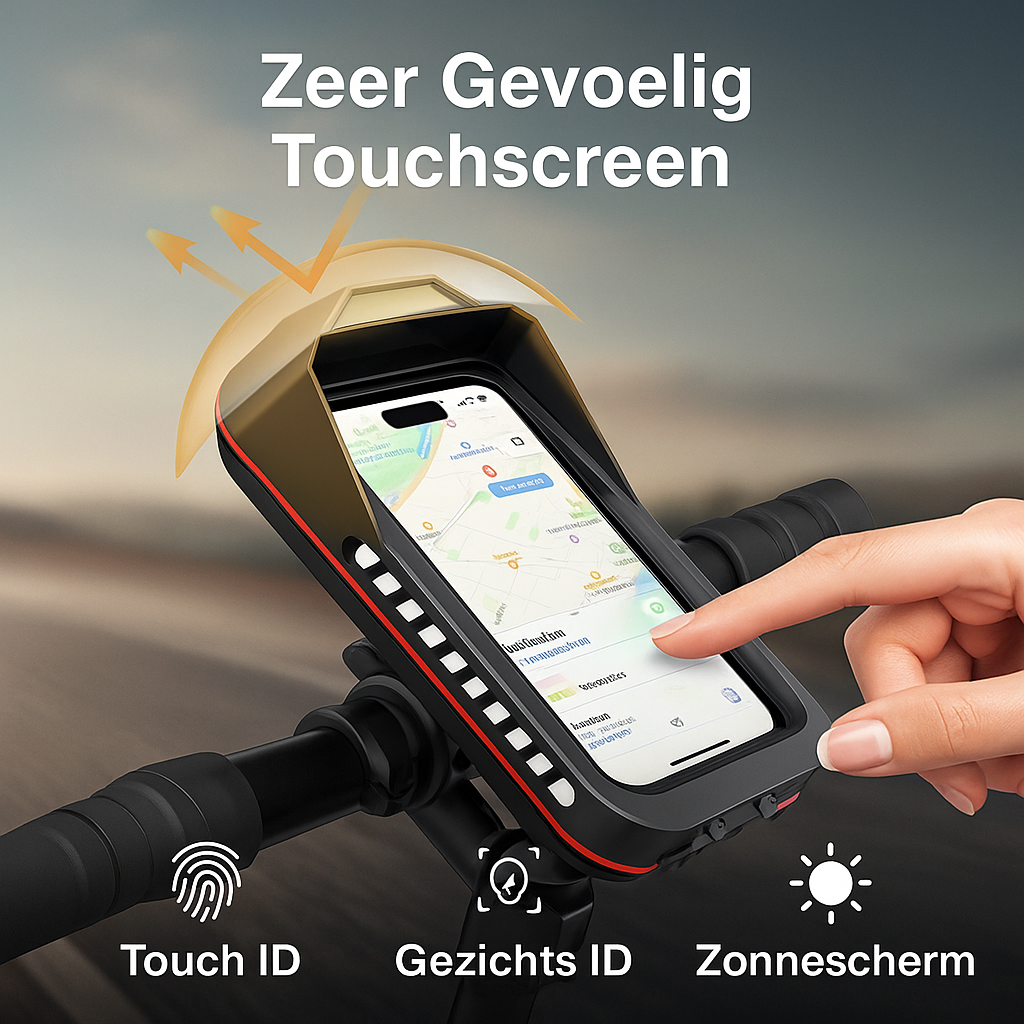 RideLock TouchPro waterdichte telefoonhouder met zeer gevoelig touchscreen en zonnescherm – geschikt voor fiets en motor