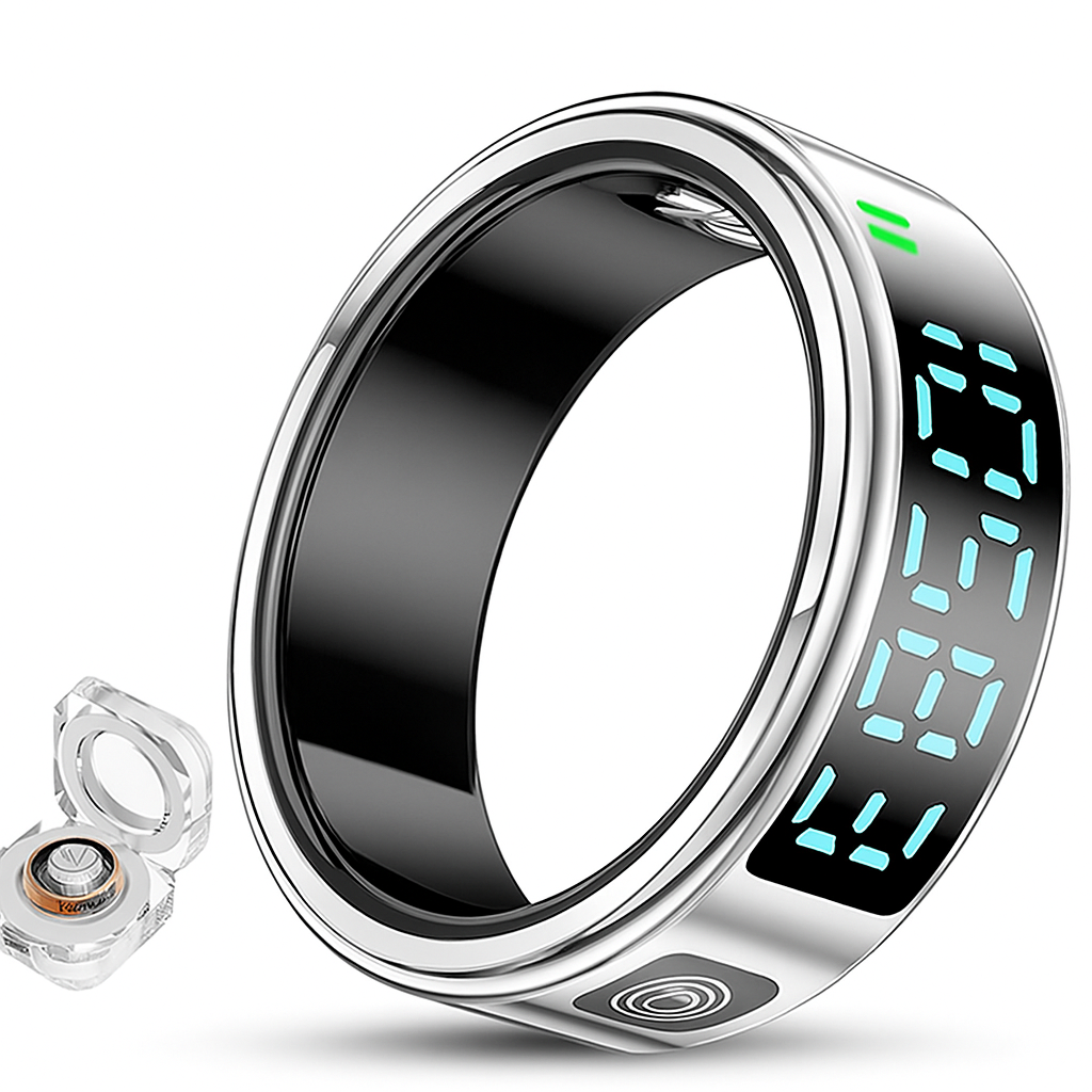 Zilveren Smart Ring met digitaal LED-display en magnetische oplader.
