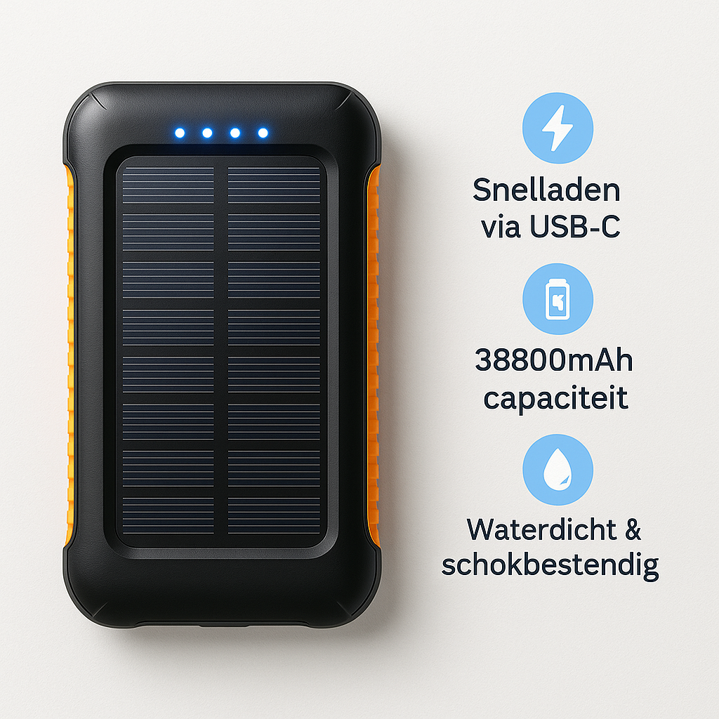 Solar powerbank 38800mAh met USB-C snelladen, waterdicht en schokbestendig