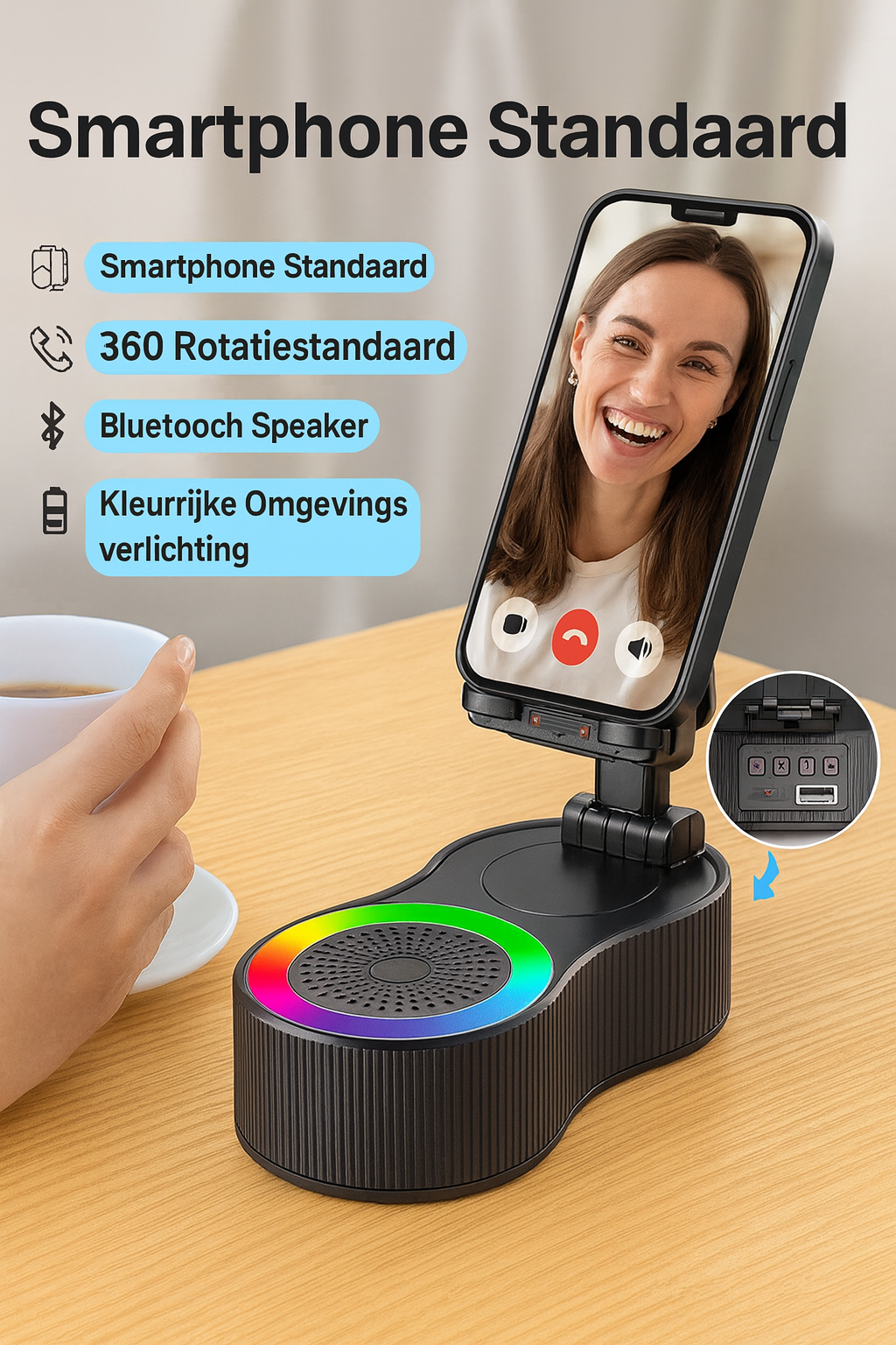 4-in-1 Bluetooth speaker en telefoonhouder met overzicht van functies.