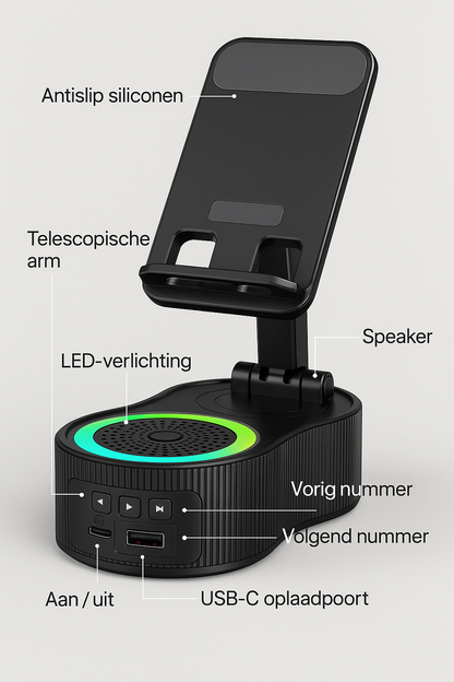 Overzicht van 4-in-1 Bluetooth speaker met functies en aansluitingen.