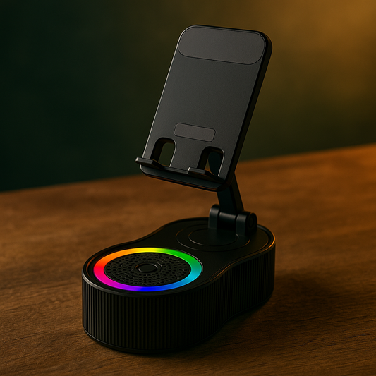 Zwarte 4-in-1 Bluetooth speaker en telefoonhouder met RGB-verlichting.