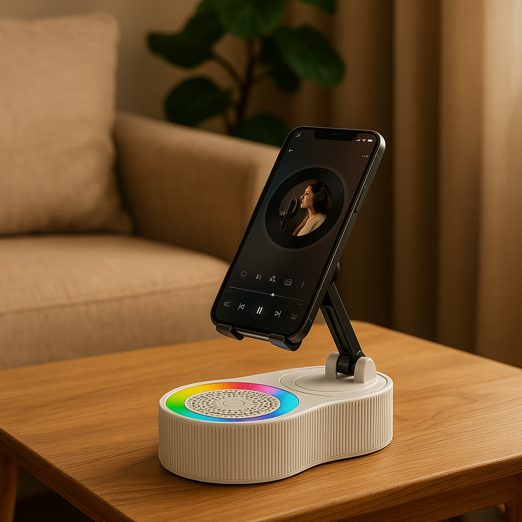 Witte 4-in-1 Bluetooth speaker en telefoonhouder met smartphone in woonkamer.
