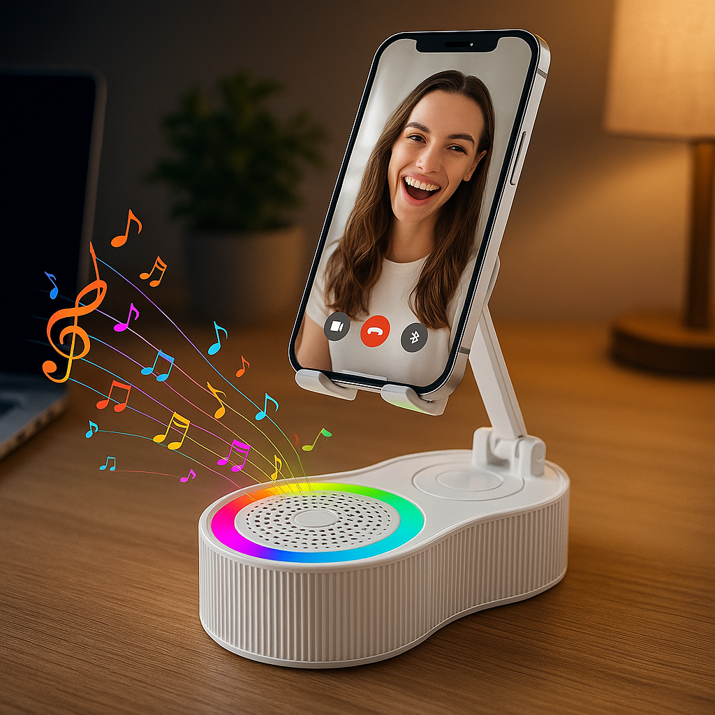 Witte 4-in-1 Bluetooth speaker en telefoonhouder gebruikt voor videobellen.