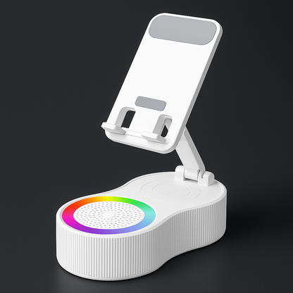 Witte 4-in-1 Bluetooth speaker en telefoonhouder productfoto.