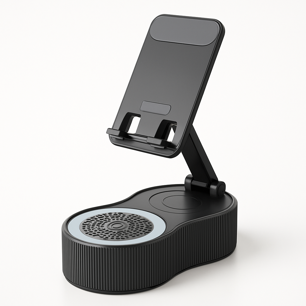 Zwarte 4-in-1 Bluetooth speaker en telefoonhouder productfoto.