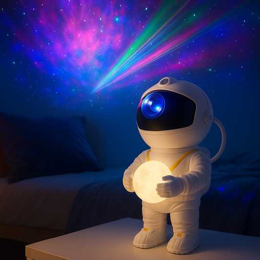 Astronaut projector die een kleurrijke sterrenhemel projecteert in een slaapkamer.