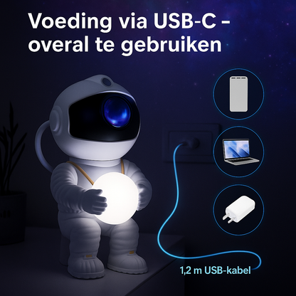 Astronaut projector met USB-C voeding, geschikt voor powerbank, laptop of adapter.
