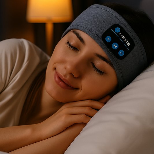 Vrouw slaapt comfortabel met een Bluetooth slaap-hoofdband.