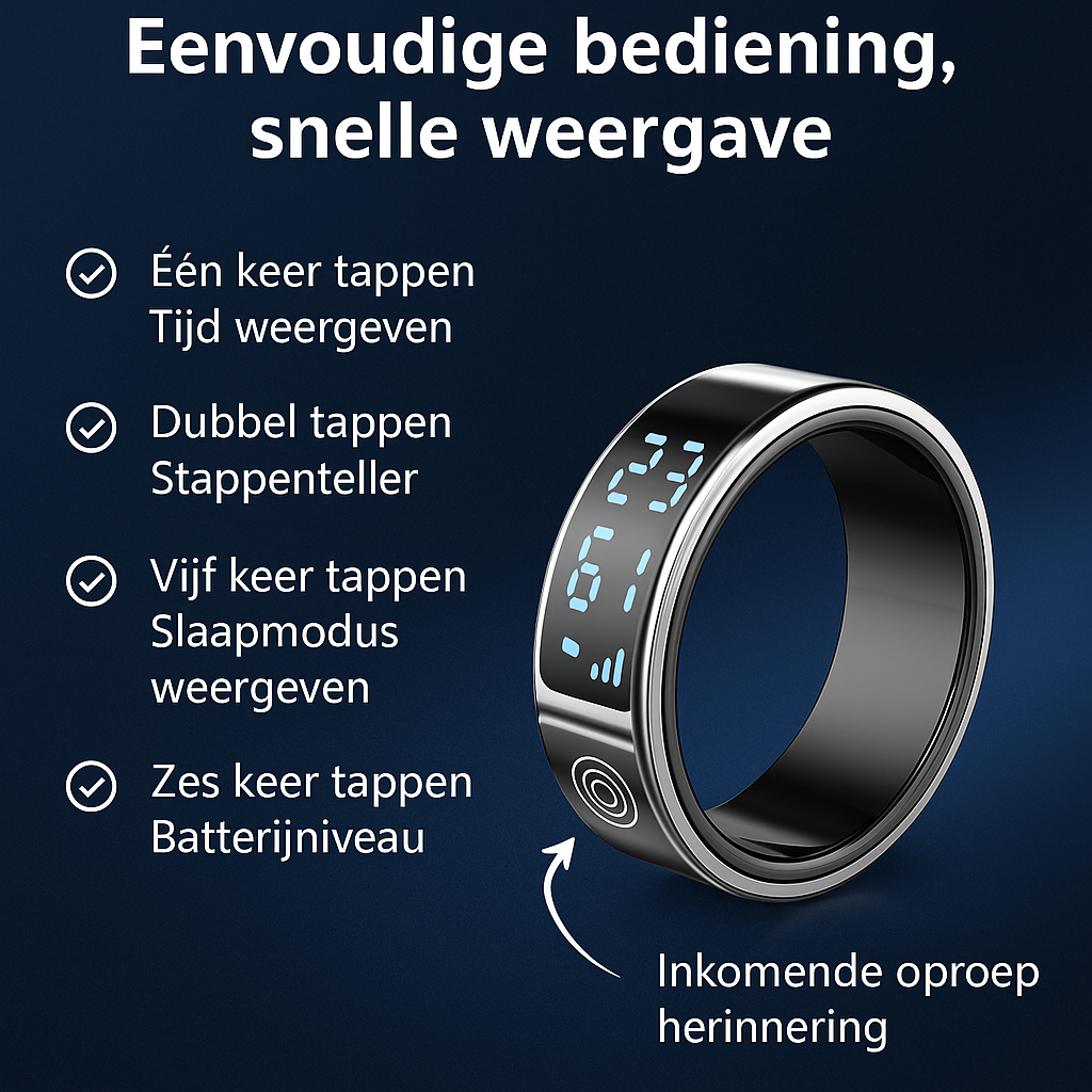 Smart Ring met eenvoudige bediening: tijd, stappen, slaap en batterij.