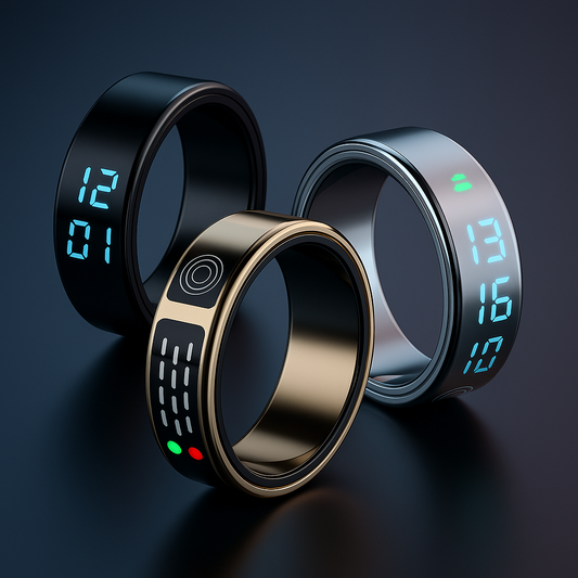 Drie Smart Rings in zwart, zilver en goud met digitaal LED-display.