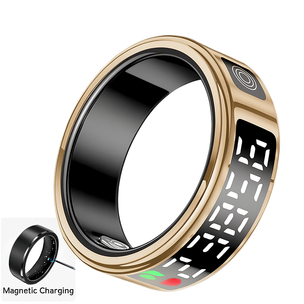 Gouden Smart Ring met digitaal scherm en magnetische oplader.