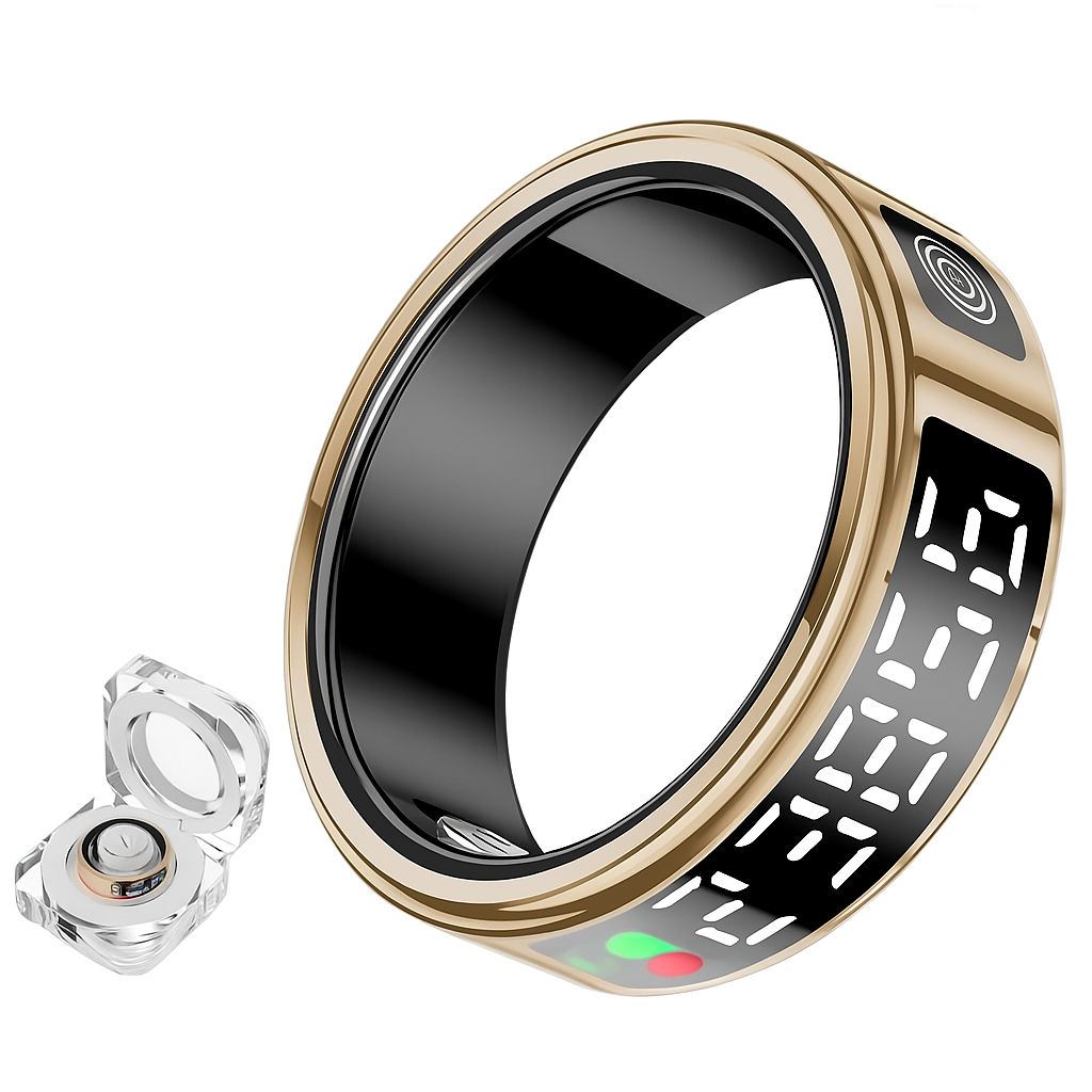 Gouden Smart Ring met digitaal display en magnetische oplader.