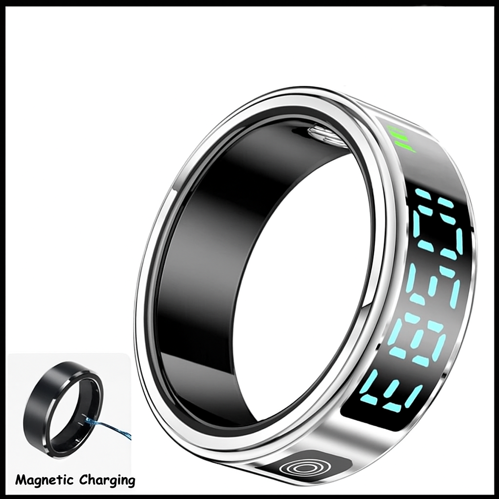 Zilveren Smart Ring met helder LED-display en magnetische oplader.