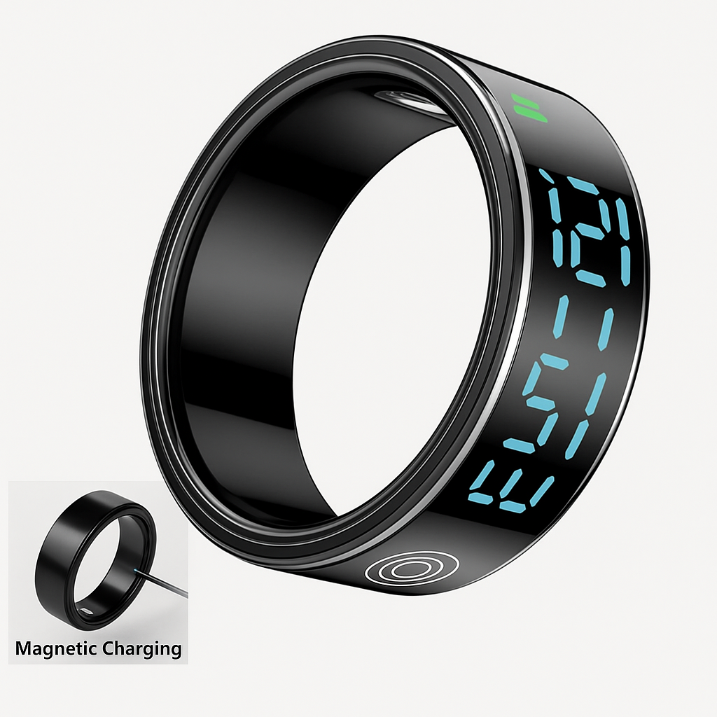 Zwarte Smart Ring met LED-display en magnetische oplader.