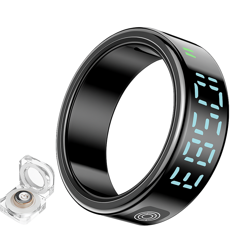 Zwarte Smart Ring productfoto met digitale tijdweergave en oplader.