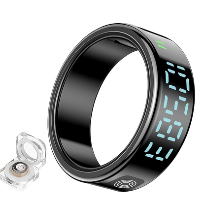Zwarte Smart Ring productfoto met digitale tijdweergave en oplader.