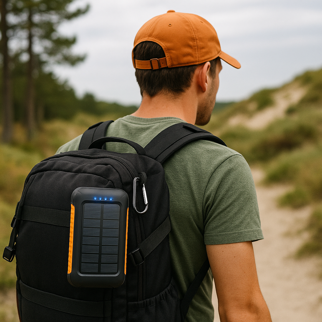 Solar powerbank 38800mAh bevestigd aan rugzak tijdens wandelen