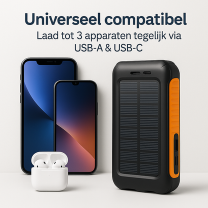Solar powerbank 38800mAh laadt drie apparaten tegelijk via USB-A en USB-C